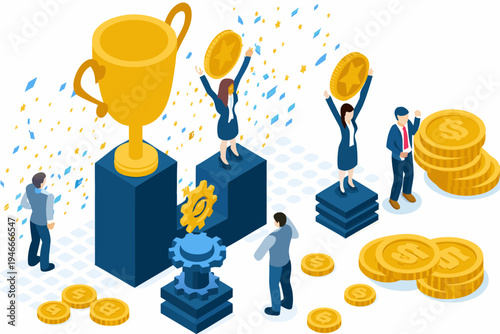 Isometric illustration of business success awards and financial achievement