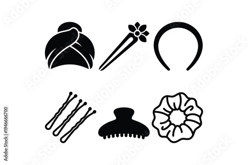Set of hair accessories and beauty styling icons - Hair styling tools icon collection including scrunchie and pins