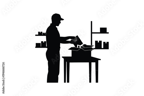 Silhouette of warehouse worker packing box on desk - Logistics employee preparing shipment in storage room silhouette