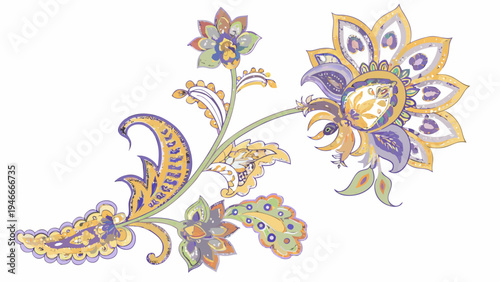 Stylized floral design featuring paisley and blossoming elements in vibrant colors