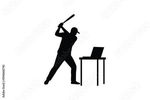 Silhouette of man hitting laptop with baseball bat - Computer rage and workplace frustration silhouette