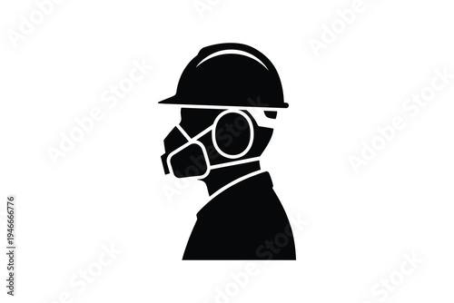 Worker silhouette wearing hard hat and respirator mask - Industrial safety profile with helmet and ear protection