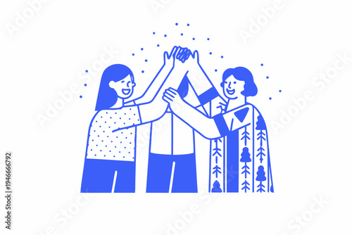 Celebratory group high five illustration featuring diverse people in blue tones