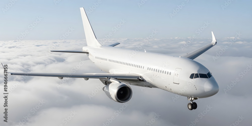 Fototapeta premium Commercial airplane soars above a vast sea of fluffy clouds on a bright day