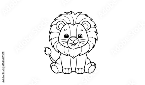 Cute baby lion coloring page for kids simple cartoon lion outline vector illustration