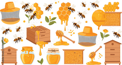 Beekeeping and Honey Production Vector Set with Bees, Honeycomb, Beehive Boxes, Honey Jar, Dipper, Flowers and Natural Honey Elements