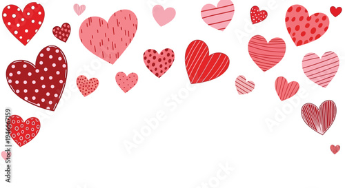 Colorful heart designs in various patterns and sizes on white