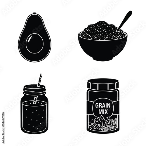 A set of healthy food icons including avocado, grains, and smoothies