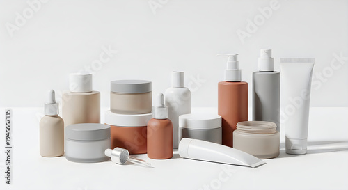 Assorted skincare products in neutral tones on white background