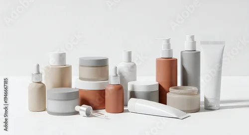 Obraz Assorted skincare products in neutral tones on white background