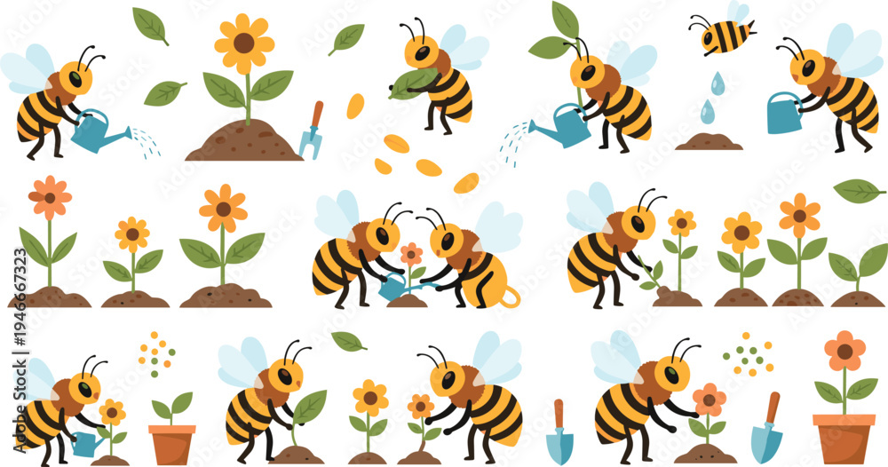 Obraz premium Cute Bee Gardening and Pollination Vector Set with Flowers, Watering Can, Seeds, Sprouts and Garden Tools Nature Illustration Collection