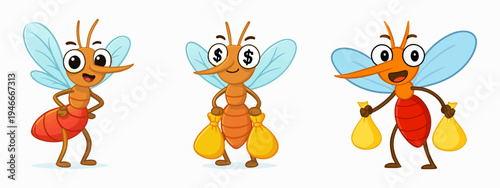 Cartoon Mosquito Money Bags Vector