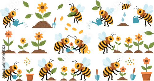 Cute Bee Gardening and Pollination Vector Set with Flowers, Watering Can, Seeds, Sprouts and Garden Tools Nature Illustration Collection