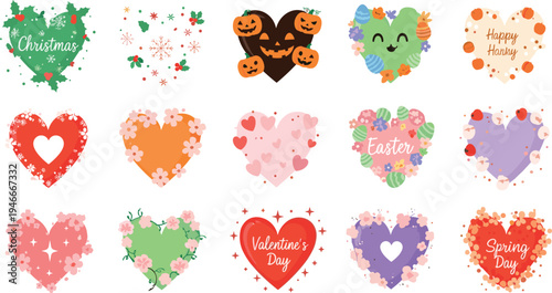 Seasonal Heart Shapes with Holiday Themes for Christmas, Easter, Valentine's Day, Spring, and Halloween in Bright Colors