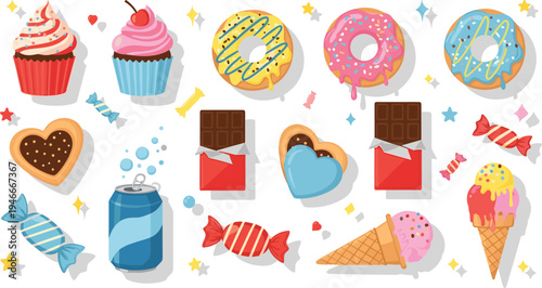 Colorful Sweet Treats Set with Cupcakes, Donuts, Ice Cream, Chocolate, Candies, and Drinks in Fun Cartoon Style