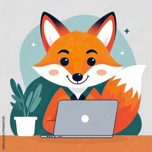 Adorable Fox Startup Mascot Using Laptop Cartoon Illustration