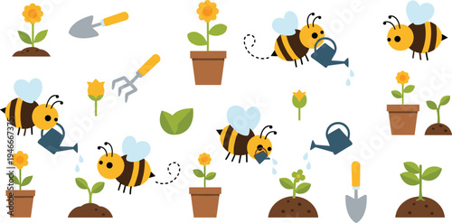 Cute Bee Gardening Vector Set with Watering Can, Flowers, Potted Plants, Garden Tools and Pollination Nature Elements Illustration Collection