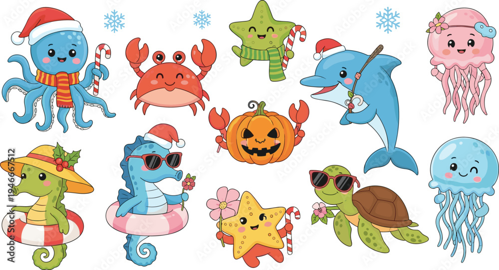 Naklejka premium Festive Ocean Creatures with Christmas, Halloween, and Summer Themes Featuring Octopus, Dolphin, Crab, Seahorse, and Jellyfish