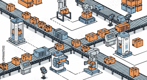 Isometric vector illustration of an automated factory production line with conveyor belts and robots