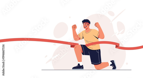 Man crossing finish line, celebrating victory, reaching goal, success, marathon runner