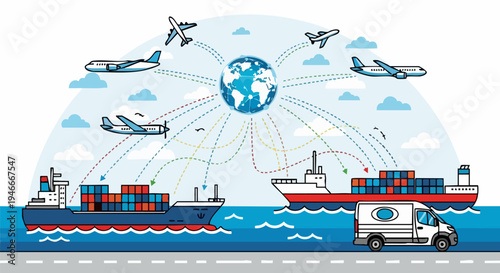 Global logistics and multimodal freight transportation system vector illustration