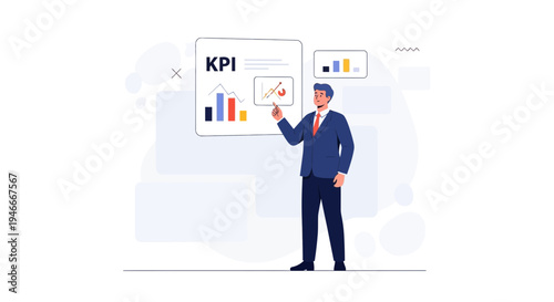 Businessman analyzing KPI data on a digital screen with charts and graphs