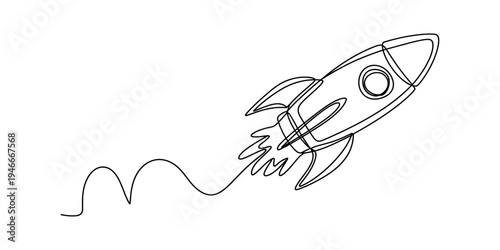 Continuous line drawing of a rocket ship launching into space on a white background Vector, illustration
