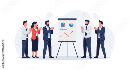 Business team applauding success during presentation with charts on whiteboard