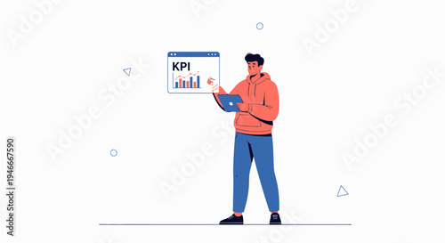 Man analyzing KPI data on laptop and screen, business growth concept