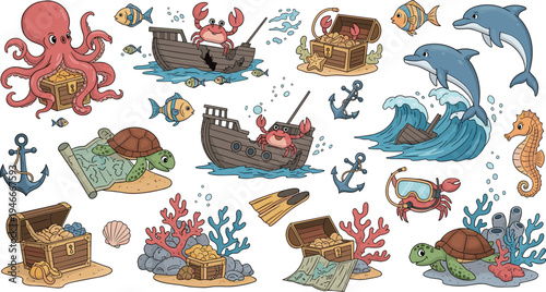 Cartoon Ocean Adventure Set with Octopus, Crab, Turtles, Dolphins, Pirate Ship, and Treasure Chests