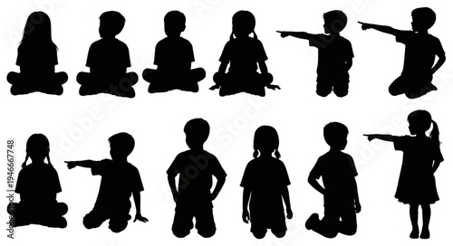 Children Silhouettes Pointing Various Directions.