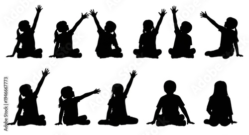 Children Silhouettes Raising Hands.