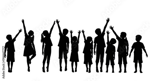 Children Silhouettes Raising Hands.