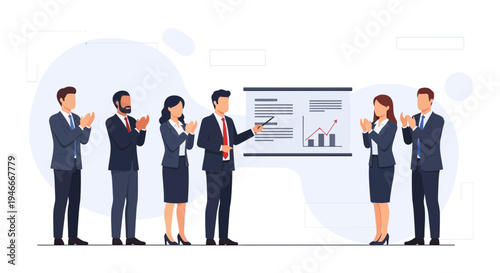 Business team applauding speaker during presentation on whiteboard with graph
