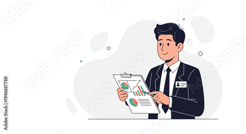 Businessman analyzing financial charts on clipboard, business growth concept