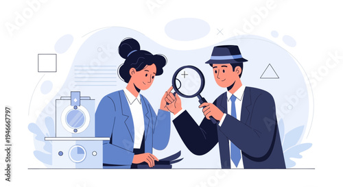 Business analysis: team examining data with magnifying glass and calculator