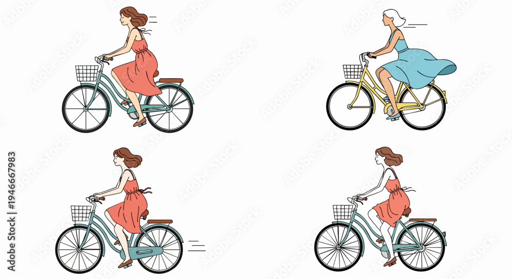 Fototapeta premium Stylish women riding vintage bicycles vector illustration