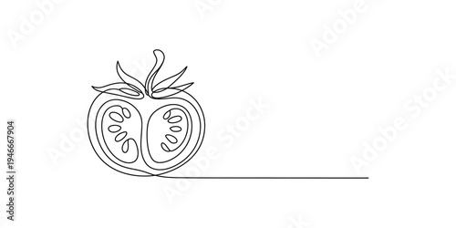 Continuous line drawing of a fresh tomato cut in half showing seeds and leaves on top Vector, illustration