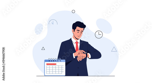 Businessman checking watch near calendar, time management concept, business planning