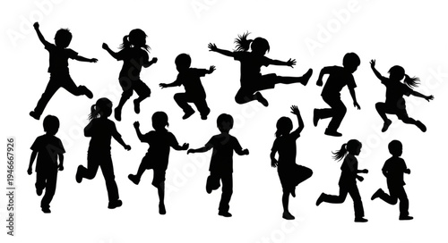 Children Silhouettes Running Jumping.