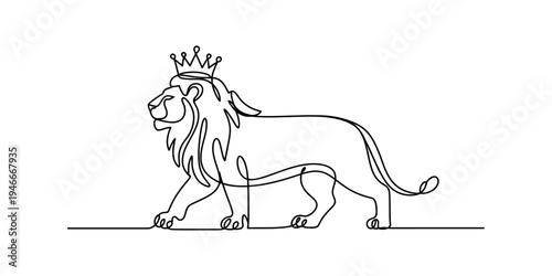 Continuous line drawing of a majestic lion wearing a royal crown walking on a single line. Vector, illustration