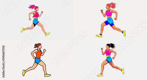 Diverse women running vector graphic illustration set