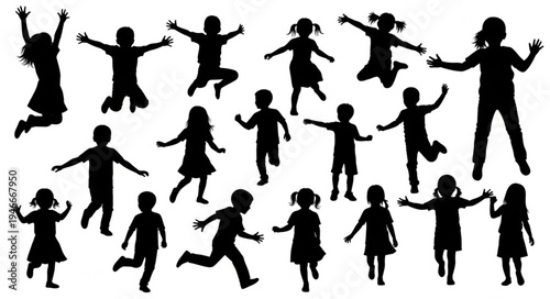 Children Silhouettes Running Playing.