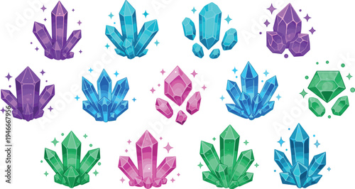 Colorful magical crystal cluster collection with fantasy gemstones quartz minerals glowing sparkles cartoon style vector illustration set