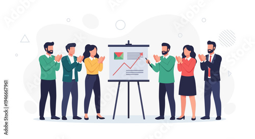 Business team applauding success during presentation with chart on whiteboard