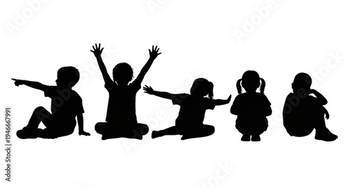 Children Silhouettes Sitting Together.