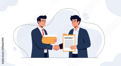 Businessmen shaking hands over a contract, symbolizing agreement and partnership