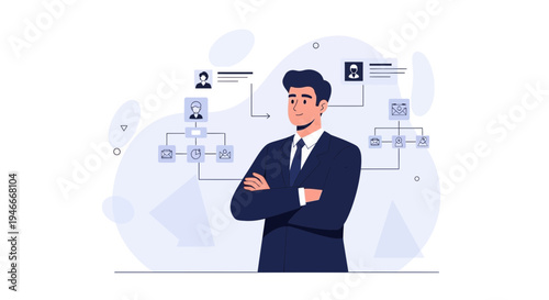 Business Man with Organization Chart, Teamwork and Hierarchy Concept