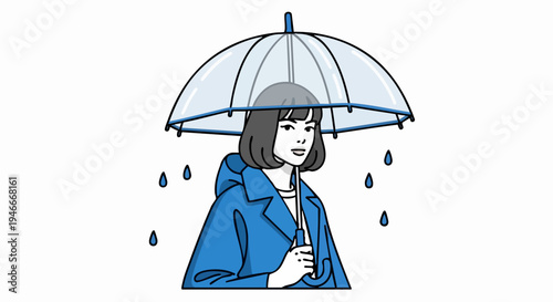Woman holding clear umbrella under pouring rainy weather illustration