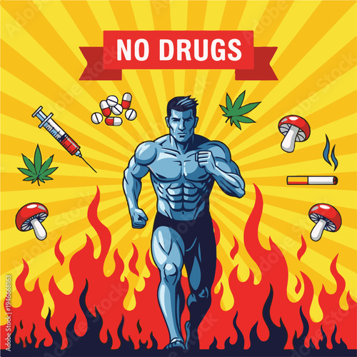 Anti-Drug Campaign Poster with Muscular Athlete Running Through Fire, Healthy Lifestyle Concept